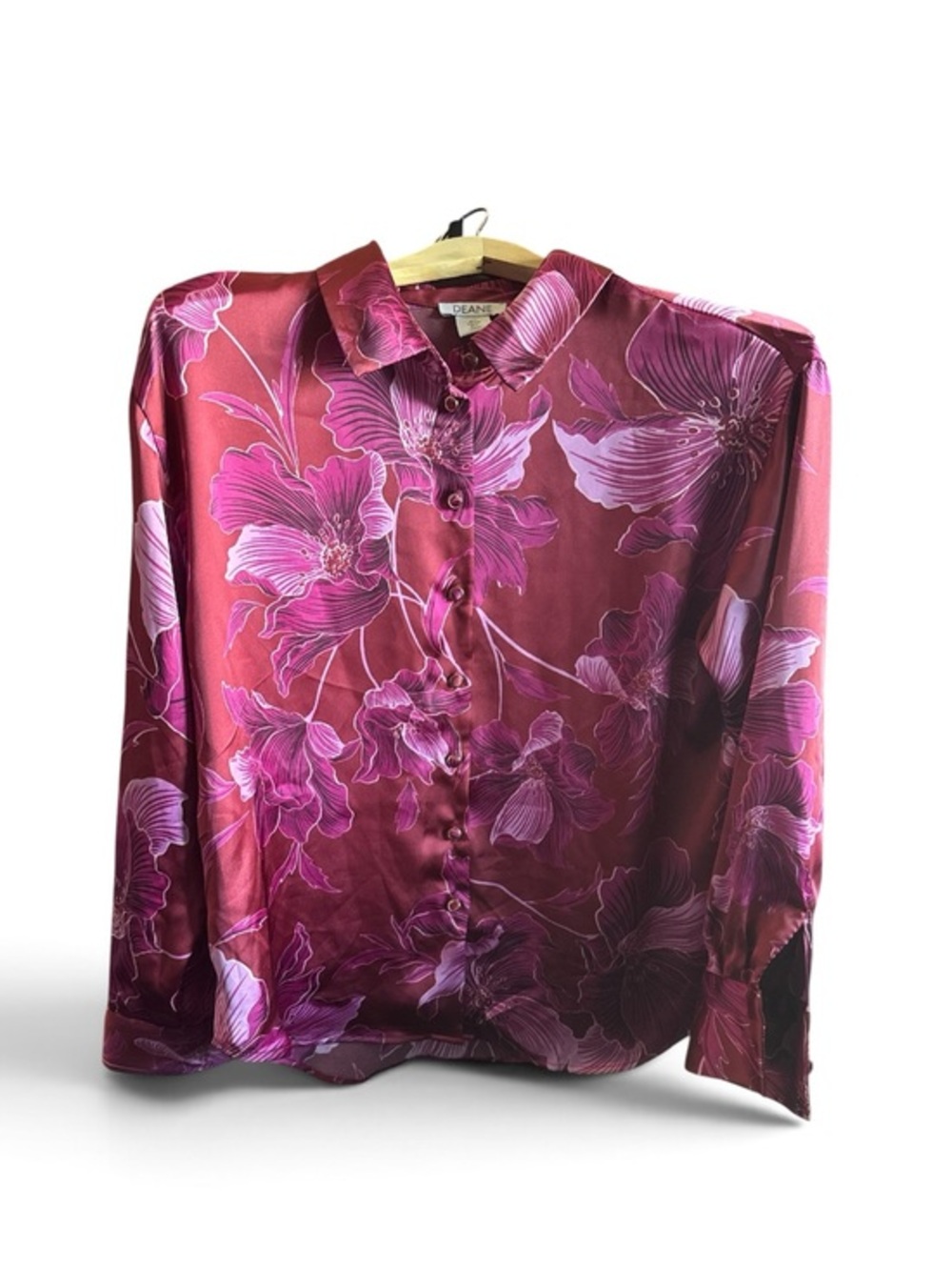 Deane Women’s Size Large Tropical Pink Floral Button Up Silky Long Sleeve Blouse